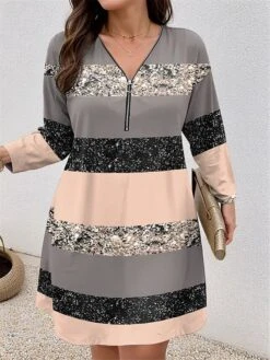Women's Plus Size Curve Casual Dress Winter Dress Stripe Mini Dress Long Sleeve Print V Neck Fashion Outdoor Pink Blue Fall Winter L XL 2XL 3XL 4XL -Cheap Plus Fit Dress Store ntfqfu1697799860369