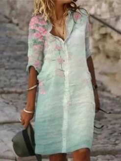 Women's Shirt Dress Casual Dress Shift Dress Midi Dress Outdoor Daily Vacation Polyester Fashion Modern Shirt Collar Button Print Half Sleeve Summer Spring Fall 2023 Regular Fit White Pink Green -Cheap Plus Fit Dress Store ntgpfn1684208978750