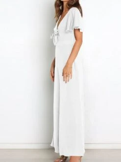 Women's Jumpsuit Ruffle Backless Solid Color V Neck Streetwear Street Daily Regular Fit Short Sleeve Green Wine Navy Blue S M L Spring / Bow -Cheap Plus Fit Dress Store ntiiox1647857552603