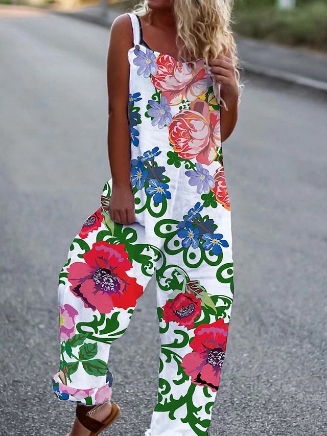 Women's Overall Print Floral Square Neck Casual Daily Vacation Harem Loose Fit Sleeveless White Yellow Light Green S M L Summer 9 Women's Overall Print Floral Square Neck Casual Daily Vacation Harem Loose Fit Sleeveless White Yellow Light Green S M L Summer - Image 9