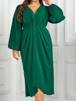 Women's Plus Size Curve Casual Dress A Line Dress Plain Midi Dress Long Sleeve Ruched V Neck Fashion Outdoor Green Fall Winter XL XXL 3XL 4XL -Cheap Plus Fit Dress Store ntxxuo1695279809243