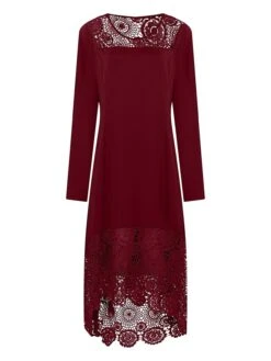 Women‘s Plus Size Curve Party Dress Lace Dress Cocktail Dress Midi Dress Black Wine Blue Long Sleeve Pure Color Lace Summer Spring Fall Crew Neck Fashion Winter Dress Birthday Wedding Guest 2023 -Cheap Plus Fit Dress Store ntzbxn1690875118572