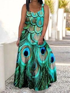 Women's Plus Size Curve Casual Dress Swing Dress Strap Dress Peacock Feather Maxi Long Dress Sleeveless Print Strap Romantic Daily Deep Purple Deep Green Summer Spring L XL XXL 3XL 4XL