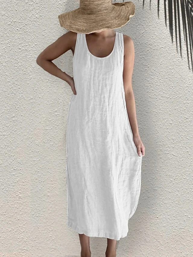 Women's Cotton Linen Dress Shift Dress White Dress Midi Dress Linen / Cotton Blend Daily Daily Crew Neck Splice Basic Sleeveless Summer 2023 Loose Fit Black White Pink Plain S M L XL 2XL 1 Women's Cotton Linen Dress Shift Dress White Dress Midi Dress Linen / Cotton Blend Daily Daily Crew Neck Splice Basic Sleeveless Summer 2023 Loose Fit Black White Pink Plain S M L XL 2XL