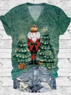 Women's T Shirt Tee Christmas Shirt Green Santa Claus Christmas Tree Print Short Sleeve Christmas Weekend Festival / Holiday V Neck Regular Fit Painting Summer