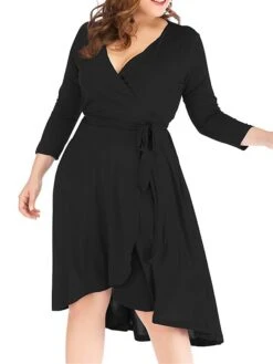 Women‘s Plus Size Curve Work Dress Semi Formal Dress Wrap Dress Fashion Midi Dress Lace Up V Neck Long Sleeve Plain Regular Fit Black Blue Spring Fall XL XXL 3XL 4XL 5XL