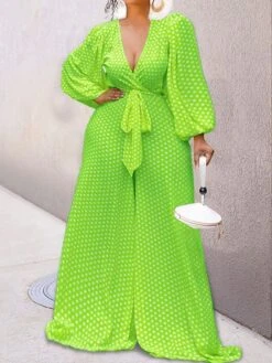 Women's Jumpsuit Lace Up Print Polka Dot V Neck Holiday Daily Vacation Wide Leg Regular Fit Long Sleeve Lantern Sleeve Yellow Red Green S M L Fall -Cheap Plus Fit Dress Store nvozoo1693983805445