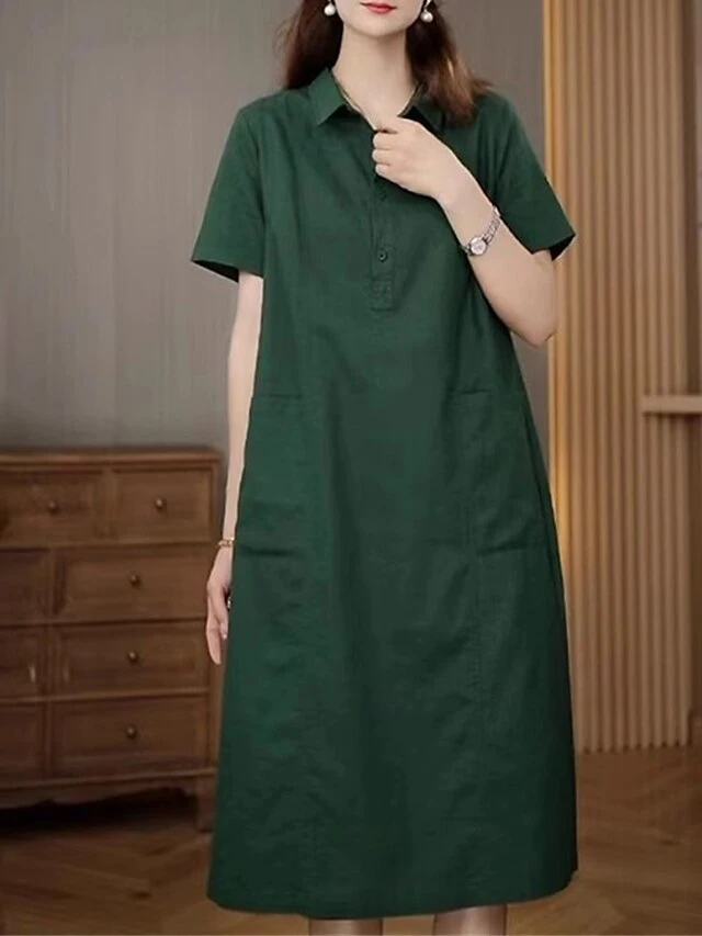 Women's Casual Dress Cotton Linen Dress Midi Dress Polyester Casual Daily Casual Outdoor Home Holiday Shirt Collar Pocket Short Sleeve Summer Spring 2023 Loose Fit Navy Blue Purple Brown Plain M L XL 13 Women's Casual Dress Cotton Linen Dress Midi Dress Polyester Casual Daily Casual Outdoor Home Holiday Shirt Collar Pocket Short Sleeve Summer Spring 2023 Loose Fit Navy Blue Purple Brown Plain M L XL - Image 13