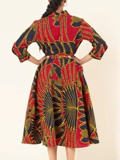 Women's Shirt Dress Print Dress Midi Dress Midi Dress Outdoor Daily Date Polyester Fashion Vintage Shirt Collar Lace Up Strappy Long Sleeve Summer Spring Fall 2023 Regular Fit Red Leaf Stripe Painting -Cheap Plus Fit Dress Store nvwjfh1663921953790