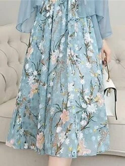 Women's Two Piece Dress Set Print Dress Outdoor Daily Modern Casual Lace Up Ruched Midi Dress V Neck Long Sleeve Floral Regular Fit Black Pink Blue Summer Spring M L XL XXL XXXL -Cheap Plus Fit Dress Store nvyihf1678430836783