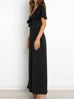 Women's Jumpsuit Ruffle Backless Solid Color V Neck Streetwear Street Daily Regular Fit Short Sleeve Green Wine Navy Blue S M L Spring / Bow -Cheap Plus Fit Dress Store nwbviu1647857552170