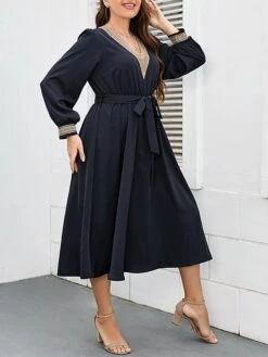 Women's Plus Size Party Dress Wedding Guest Dress Empire Waist Dresses Midi Dress Dark Blue Long Sleeve Pure Color Patchwork Spring Fall Winter V Neck Fashion Winter Dress Evening Party Wedding Guest -Cheap Plus Fit Dress Store nwcolz1693535281134