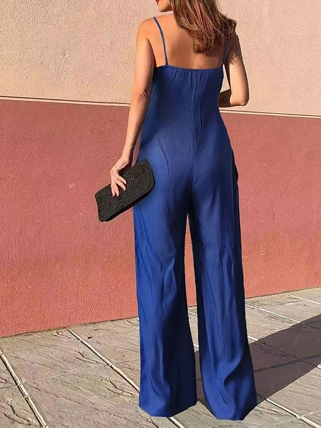 Women's Jumpsuit Backless Pocket Solid Color V Neck Streetwear Daily Vacation Regular Fit Spaghetti Strap Black Blue Light Blue S M L Spring 2 Women's Jumpsuit Backless Pocket Solid Color V Neck Streetwear Daily Vacation Regular Fit Spaghetti Strap Black Blue Light Blue S M L Spring - Image 2