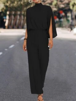 Women's Jumpsuit High Waist Solid Color Stand Collar Streetwear Work Street Xmas Regular Fit 3/4 Length Sleeve Black Green S M L Fall -Cheap Plus Fit Dress Store nwetxa1695025397380