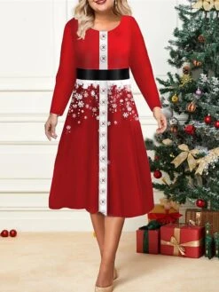 Women's Christmas Plus Size Curve Casual Dress Skater Dress A Line Dress Santa Claus Snowman Midi Dress Long Sleeve Print Crew Neck Fashion Outdoor Deep Pink White Fall Winter L XL XXL 3XL 4XL
