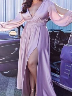 Women‘s Plus Size Curve Flattering Dresses Elegant Apple Shaped Dress Wedding Guest Party Dress Solid Color V Neck Split Long Sleeve Spring Fall Formal Prom Dress Maxi Long Dress Party Dress -Cheap Plus Fit Dress Store nwimyo1630401585129