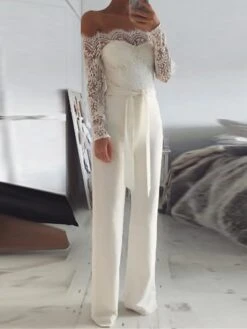 Women's Jumpsuit Lace High Waist Solid Color Off Shoulder Elegant Wedding Party Regular Fit Long Sleeve Black White Blue S M L Fall -Cheap Plus Fit Dress Store nwpebp1692237307464