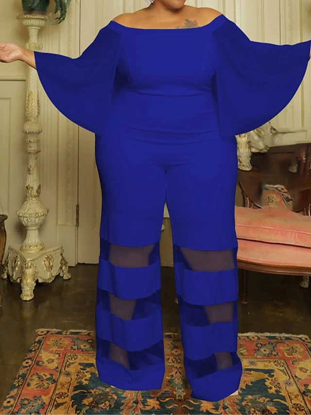 Women's Jumpsuit Mesh Patchwork Solid Color Off Shoulder Elegant Party Office Regular Fit 3/4 Length Sleeve Black Red Blue XL XXL 3XL Summer 2 Women's Jumpsuit Mesh Patchwork Solid Color Off Shoulder Elegant Party Office Regular Fit 3/4 Length Sleeve Black Red Blue XL XXL 3XL Summer - Image 2