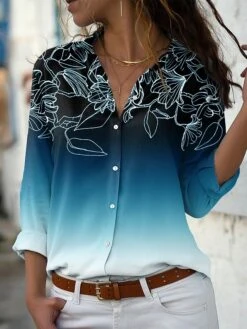 Women's Shirt Blouse Navy Blue Blue Purple Floral Color Gradient Sparkly Button Print Long Sleeve Holiday Weekend Streetwear Casual Shirt Collar Regular Fit Floral Spring Fall -Cheap Plus Fit Dress Store nxaxfn1638781856543