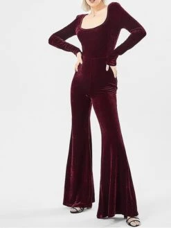 Women‘s Jumpsuit High Waist Velvet Disco Queen Wedding Solid Color U Neck Daily Regular Fit Long Sleeve Wine Navy Blue S M L Fall -Cheap Plus Fit Dress Store nxcbal1693388137956