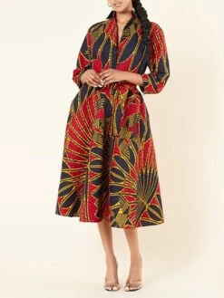 Women's Shirt Dress Print Dress Midi Dress Midi Dress Outdoor Daily Date Polyester Fashion Vintage Shirt Collar Lace Up Strappy Long Sleeve Summer Spring Fall 2023 Regular Fit Red Leaf Stripe Painting -Cheap Plus Fit Dress Store nxkypq1663921954050