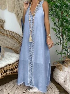 Women's Casual Dress Cotton Linen Dress White Dress Maxi Long Dress Polyester Lace Fashion Daily Weekend V Neck Lace Split Sleeveless Summer 2023 Loose Fit Lake Blue Black White Plain S M L XL 2XL -Cheap Plus Fit Dress Store nxriwx1686105104844