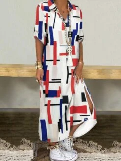 Women's Shirt Dress Swing Dress Maxi Long Dress Outdoor Daily Vacation Cotton Linen Stylish Modern Shirt Collar Split Print Short Sleeve Summer Spring 2023 Loose Fit Black Red Blue Geometric Letter -Cheap Plus Fit Dress Store nymdng1642499786430
