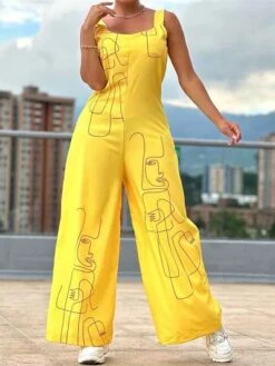 Women's Jumpsuit Print Geometric U Neck Streetwear Street Going Out Regular Fit Strap Yellow S M L Fall