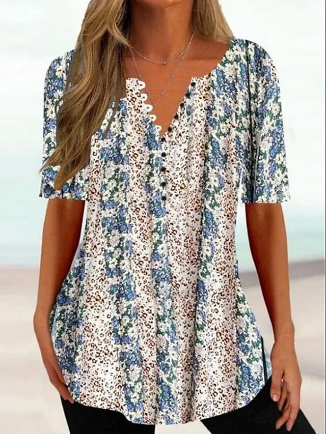 Women's T Shirt Tee Pink Red Beige Color Block Button Print Short Sleeve Daily Weekend Tunic Basic Round Neck Regular Fit Painting 4 Women's T Shirt Tee Pink Red Beige Color Block Button Print Short Sleeve Daily Weekend Tunic Basic Round Neck Regular Fit Painting - Image 4