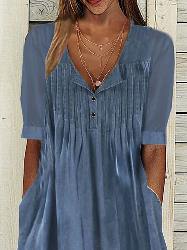 Women's Casual Dress Cotton Linen Dress Swing Dress Midi Dress Cotton Blend Fashion Basic Outdoor Daily Vacation Split Neck Button Pocket Short Sleeve Summer Spring 2023 Regular Fit Blue Plain S M L 3 Women's Casual Dress Cotton Linen Dress Swing Dress Midi Dress Cotton Blend Fashion Basic Outdoor Daily Vacation Split Neck Button Pocket Short Sleeve Summer Spring 2023 Regular Fit Blue Plain S M L - Image 3