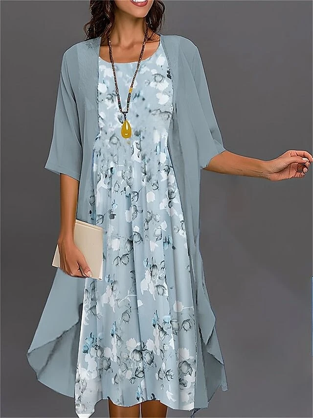 Women's Two Piece Dress Set Casual Dress Chiffon Dress Outdoor Daily Fashion Streetwear Print Midi Dress Crew Neck Half Sleeve Floral Ombre Regular Fit Pink Blue Purple Fall Winter S M L XL XXL 2 Women's Two Piece Dress Set Casual Dress Chiffon Dress Outdoor Daily Fashion Streetwear Print Midi Dress Crew Neck Half Sleeve Floral Ombre Regular Fit Pink Blue Purple Fall Winter S M L XL XXL - Image 2