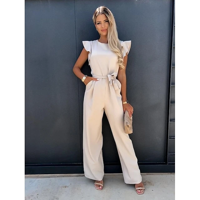 Women's Jumpsuit Ruffle Solid Color Crew Neck Elegant Vacation Going Out Wide Leg Regular Fit Sleeveless Blue Pink Khaki S M L Spring 6 Women's Jumpsuit Ruffle Solid Color Crew Neck Elegant Vacation Going Out Wide Leg Regular Fit Sleeveless Blue Pink Khaki S M L Spring - Image 6