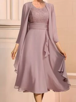 Women's Two Piece Dress Set Casual Dress Lace Dress Outdoor Daily Fashion Elegant Lace Ruffle Midi Dress Crew Neck 3/4 Length Sleeve Plain Regular Fit Purple Summer Spring S M L XL XXL