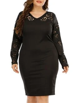 Women‘s Plus Size Curve Work Dress Sheath Dress Black Dress Fashion Midi Dress Cut Out V Neck Long Sleeve Plain Regular Fit Black Fall Winter XL XXL 3XL 4XL -Cheap Plus Fit Dress Store obgvex1691401418233