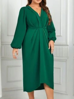Women's Plus Size Curve Casual Dress A Line Dress Plain Midi Dress Long Sleeve Ruched V Neck Fashion Outdoor Green Fall Winter XL XXL 3XL 4XL -Cheap Plus Fit Dress Store ocbzyl1695279808287