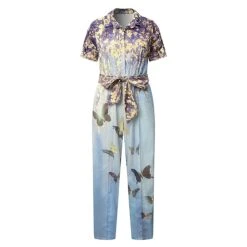 Jumpsuits For Women Summer Dressy Lace Up Floral Shirt Collar Elegant Daily Vacation Straight Regular Fit Short Sleeve Blue S M L Spring -Cheap Plus Fit Dress Store occhgj1656993285037