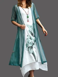 Women's Two Piece Dress Set Casual Dress Cotton Linen Dress Outdoor Daily Fashion Casual Fake Two Piece Print Midi Dress Crew Neck Short Sleeve Floral Painting Regular Fit Yellow Pink Red Summer -Cheap Plus Fit Dress Store occkyt1680146909497