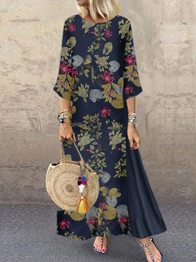 Women's Plus Size Holiday Dress Floral Crew Neck Print 3/4 Length Sleeve Fall Spring Casual Maxi Long Dress Causal Daily Dress / Linen 2 Women's Plus Size Holiday Dress Floral Crew Neck Print 3/4 Length Sleeve Fall Spring Casual Maxi Long Dress Causal Daily Dress / Linen - Image 2