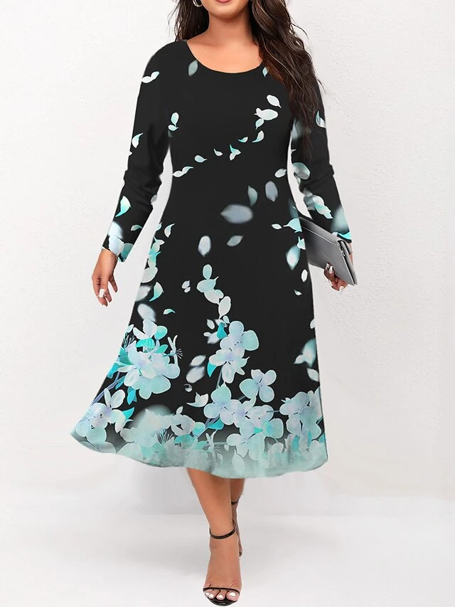 Women's Plus Size Curve Casual Dress Skater Dress A Line Dress Floral Midi Dress Long Sleeve Print Crew Neck Fashion Outdoor Pink Blue Fall Winter L XL XXL 3XL 4XL 2 Women's Plus Size Curve Casual Dress Skater Dress A Line Dress Floral Midi Dress Long Sleeve Print Crew Neck Fashion Outdoor Pink Blue Fall Winter L XL XXL 3XL 4XL - Image 2