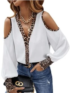 Women's Shirt Blouse Black White Red Leopard Button Cut Out Print Long Sleeve Daily Weekend Streetwear Casual V Neck Regular Fit Cold Shoulder Spring Fall
