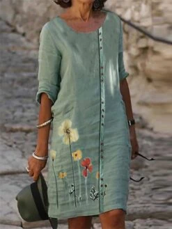 Women's Cotton Linen Dress Casual Dress Shift Dress Midi Dress Cotton Blend Fashion Casual Outdoor Daily Crew Neck Button Print Half Sleeve Summer Spring Fall 2023 Regular Fit Green Floral S M L XL