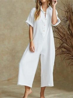 Women's Jumpsuit Button Pocket Solid Color Shirt Collar Basic Daily Vacation Regular Fit Short Sleeve Black White Khaki S M L Spring