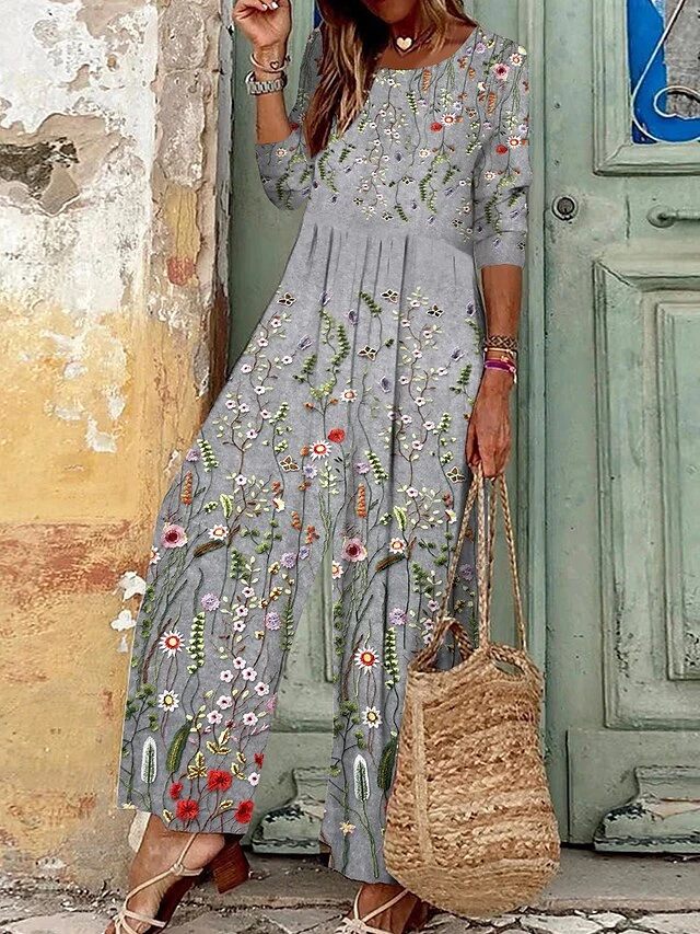 Women's Jumpsuit Print Floral Round Neck Boho Vacation Wide Leg Regular Fit Long Sleeve Light Grey S M L All Seasons 1 Women's Jumpsuit Print Floral Round Neck Boho Vacation Wide Leg Regular Fit Long Sleeve Light Grey S M L All Seasons