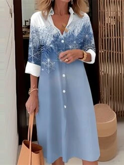 Women's Shirt Dress Casual Dress Midi Dress Outdoor Office Daily Polyester Fashion Modern Shirt Collar Button Pocket Long Sleeve Fall Winter 2023 Loose Fit Pink Blue Snowflake S M L XL 2XL -Cheap Plus Fit Dress Store oedvvc1694427909136