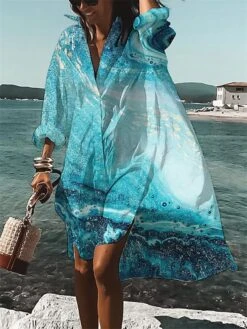 Women's Shirt Dress Casual Dress Swing Dress Mini Dress Outdoor Daily Vacation Polyester Fashion Casual Shirt Collar Button Print Long Sleeve Summer Spring Fall 2023 Loose Fit Blue Ombre S M L XL 2XL