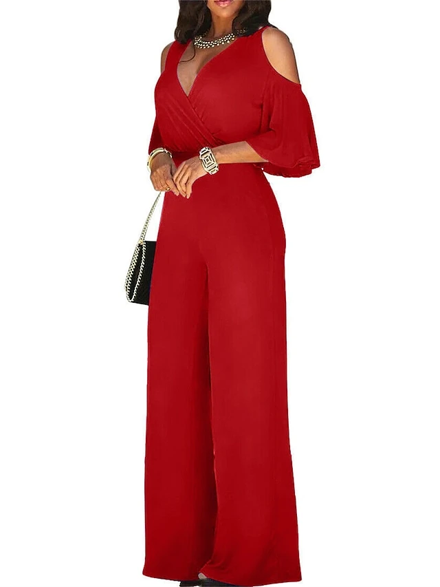 Women's Jumpsuit High Waist Cut Out Solid Color V Neck Streetwear Christmas Daily Xmas Regular Fit 3/4 Length Sleeve Black White Yellow S M L Fall 1 Women's Jumpsuit High Waist Cut Out Solid Color V Neck Streetwear Christmas Daily Xmas Regular Fit 3/4 Length Sleeve Black White Yellow S M L Fall