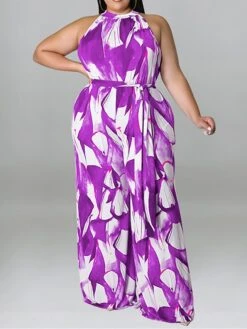 Women's Jumpsuit High Waist Print Floral Crew Neck Casual Daily Holiday Regular Fit Sleeveless Red Blue Purple XL XXL 3XL Spring -Cheap Plus Fit Dress Store ofmuww1675747213349