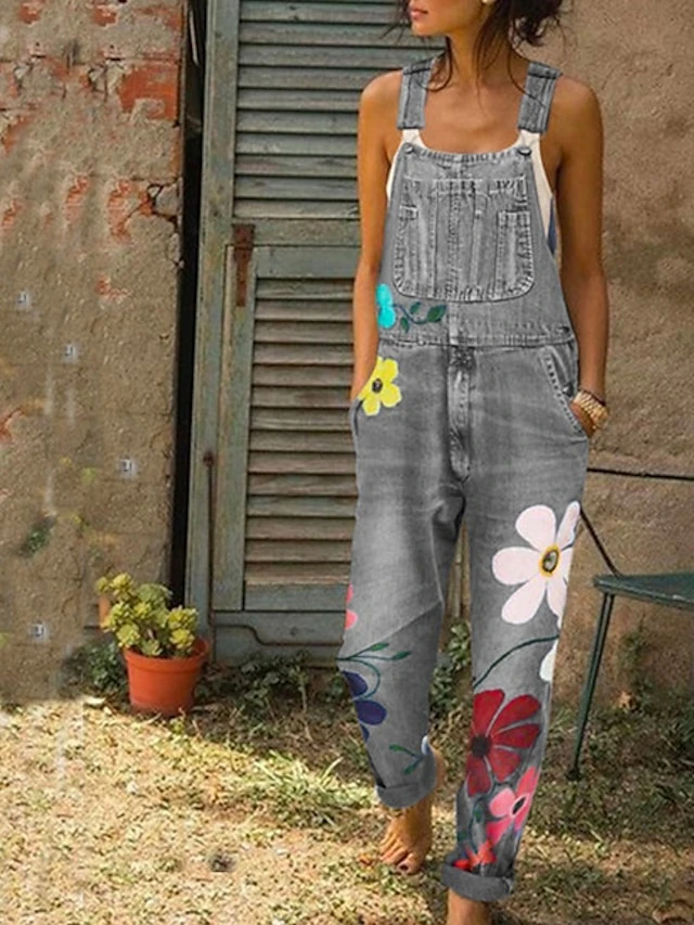 Denim Jumpsuit For Women Overall Utility Patch Pocket Print Floral Casual Daily Going Out Regular Fit Sleeveless Blue Gray Light Blue S M L Fall Cowboy 2 Denim Jumpsuit For Women Overall Utility Patch Pocket Print Floral Casual Daily Going Out Regular Fit Sleeveless Blue Gray Light Blue S M L Fall Cowboy - Image 2