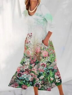 Women's Casual Dress Cotton Linen Dress Swing Dress Maxi Long Dress Polyester Fashion Casual Daily Outdoor Daily Vacation V Neck Pocket Print Long Sleeve Summer Spring Fall 2023 Loose Fit Light Green