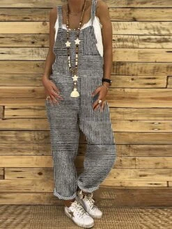 Women's Overall Pocket Print Striped Holiday Daily Vacation Straight Regular Fit Sleeveless Sleeveless Black White Red S M L Summer